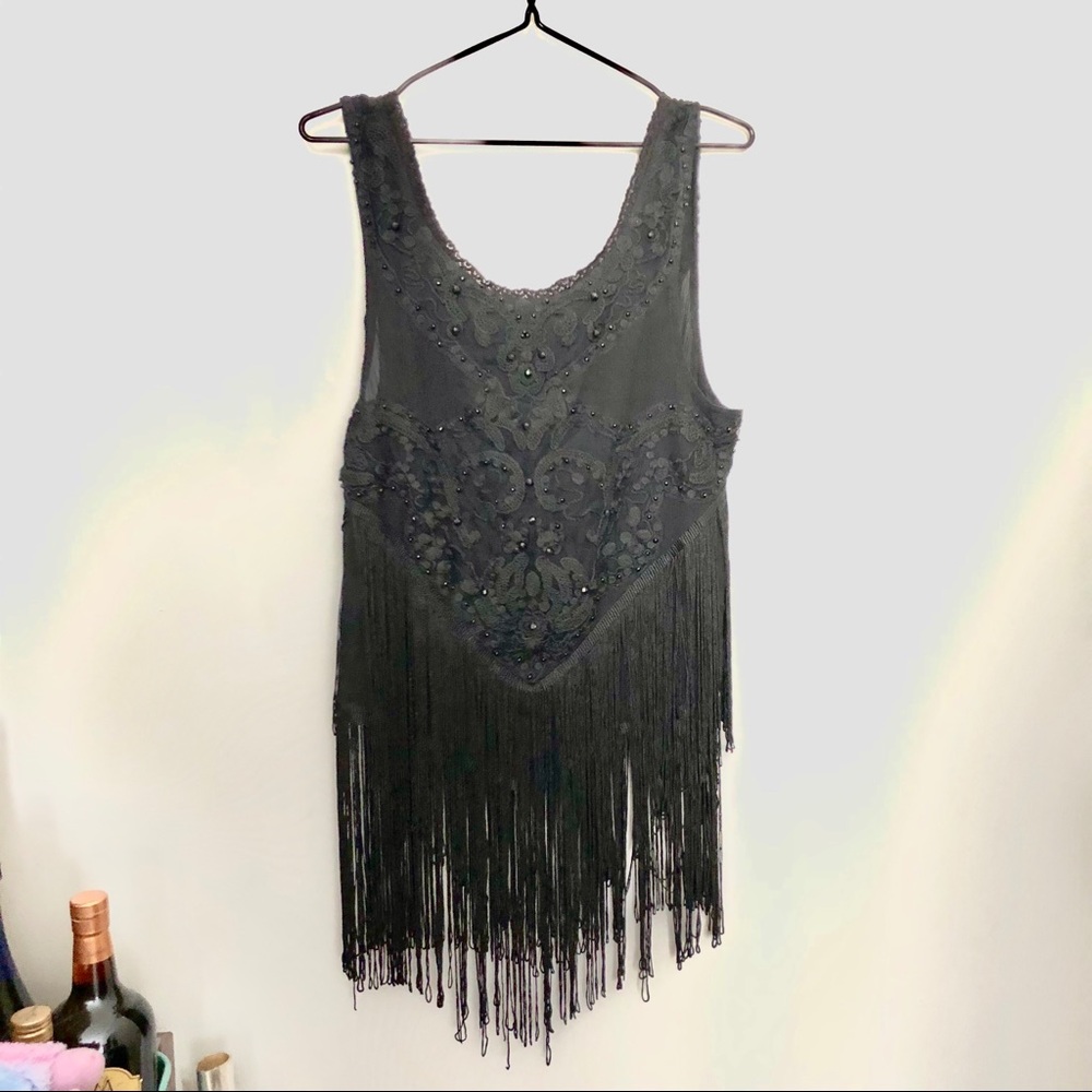 Free People Black Beaded Fringe Top